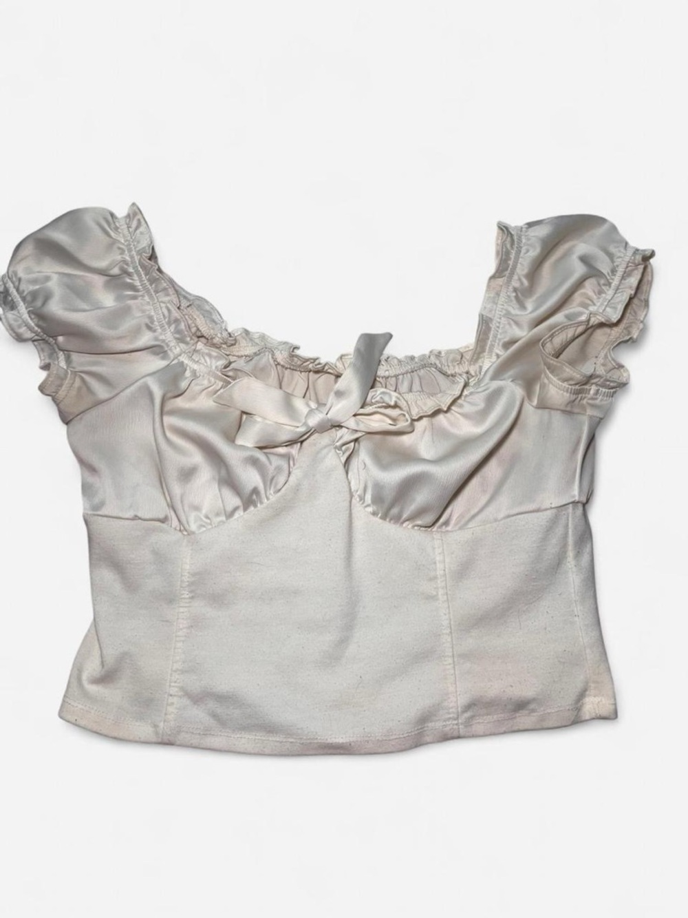Satin Ruffle-Neck Crop Top in Ivory
